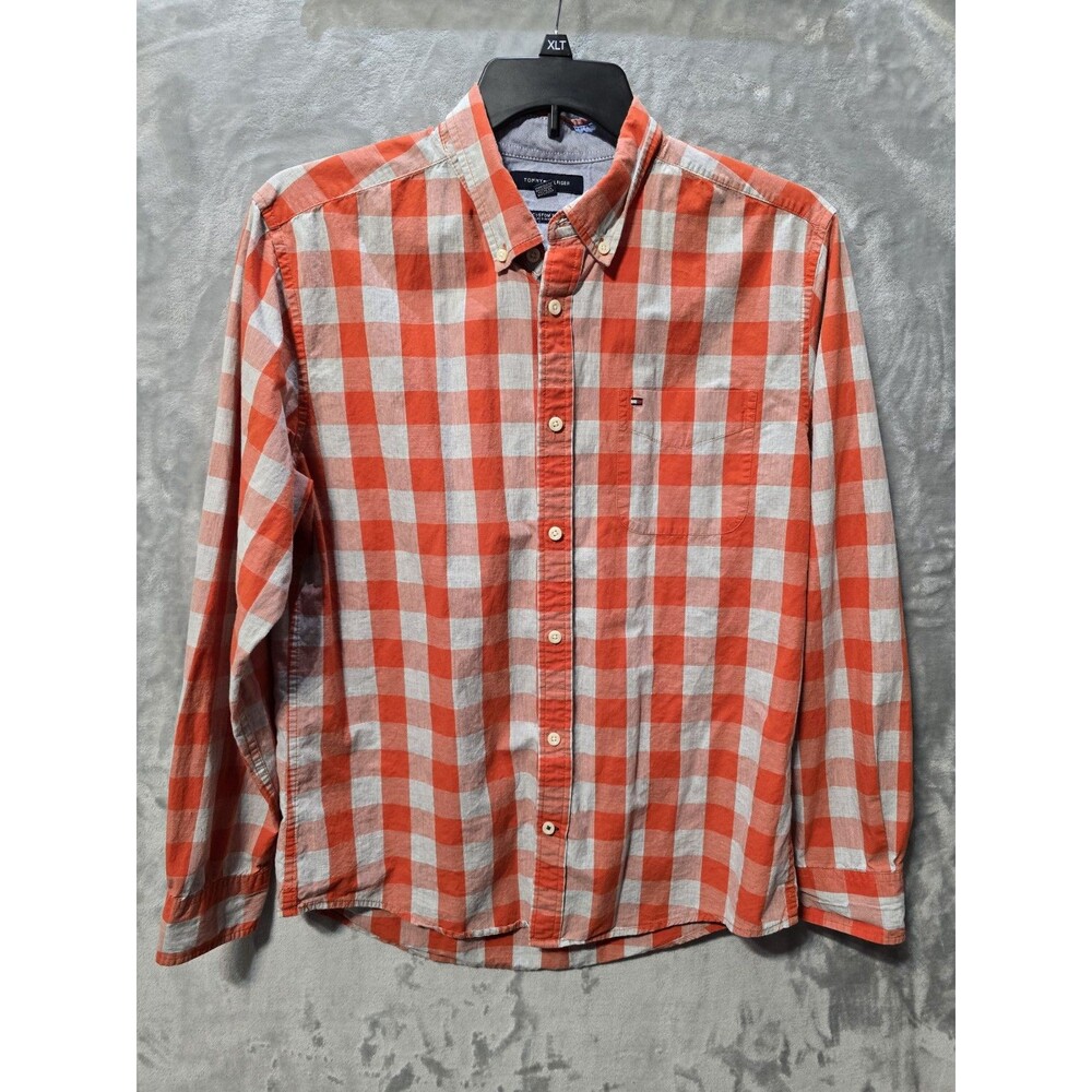 Tommy Hilfiger Button Up Shirt Mens Large LS Orange White Check Cotton Preppy